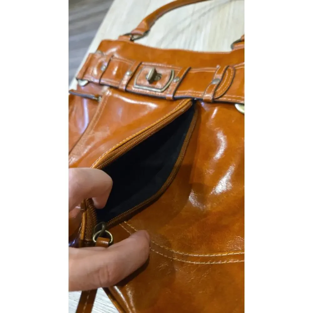 Giani Bernini Women's Saddle Brown Leather‎ Satchel Bag with Turn Lock Closure
